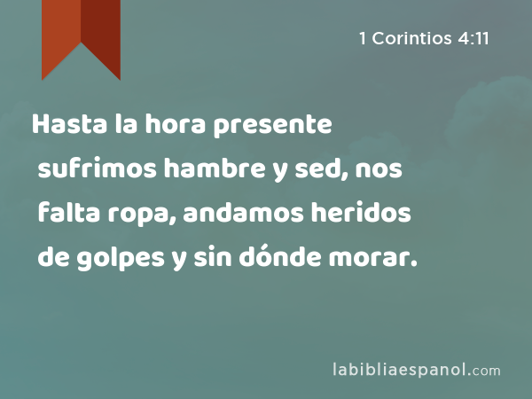 Hasta la hora presente sufrimos hambre y sed, nos falta ropa, andamos heridos de golpes y sin dónde morar. - 1 Corintios 4:11