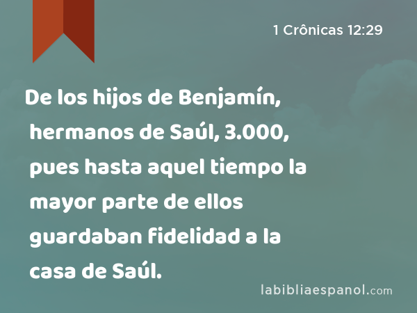 De los hijos de Benjamín, hermanos de Saúl, 3.000, pues hasta aquel tiempo la mayor parte de ellos guardaban fidelidad a la casa de Saúl. - 1 Crônicas 12:29