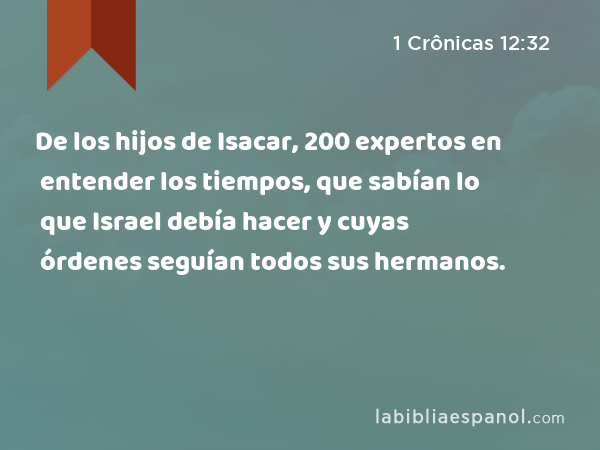 De los hijos de Isacar, 200 expertos en entender los tiempos, que sabían lo que Israel debía hacer y cuyas órdenes seguían todos sus hermanos. - 1 Crônicas 12:32