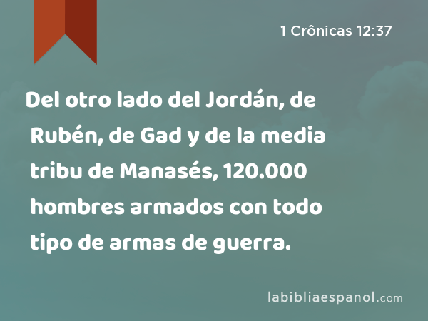 Del otro lado del Jordán, de Rubén, de Gad y de la media tribu de Manasés, 120.000 hombres armados con todo tipo de armas de guerra. - 1 Crônicas 12:37