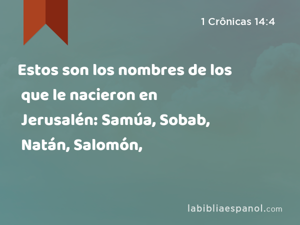 Estos son los nombres de los que le nacieron en Jerusalén: Samúa, Sobab, Natán, Salomón, - 1 Crônicas 14:4