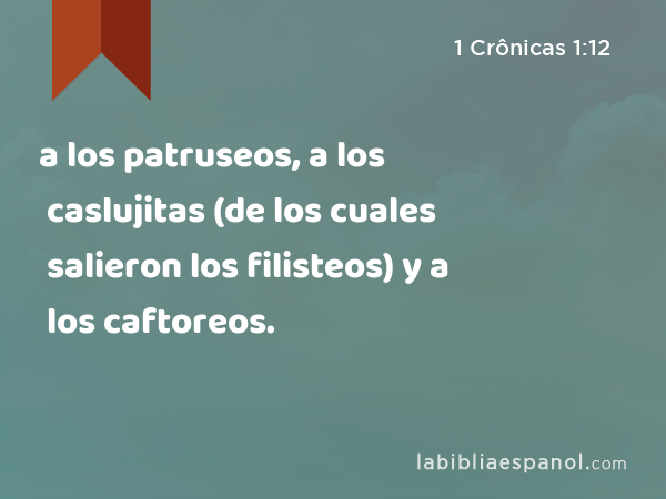 a los patruseos, a los caslujitas (de los cuales salieron los filisteos) y a los caftoreos. - 1 Crônicas 1:12