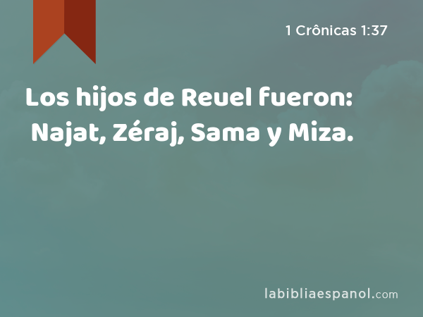 Los hijos de Reuel fueron: Najat, Zéraj, Sama y Miza. - 1 Crônicas 1:37