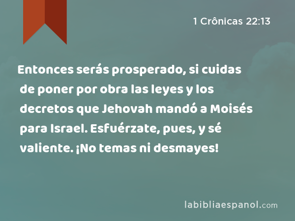 Entonces serás prosperado, si cuidas de poner por obra las leyes y los decretos que Jehovah mandó a Moisés para Israel. Esfuérzate, pues, y sé valiente. ¡No temas ni desmayes! - 1 Crônicas 22:13