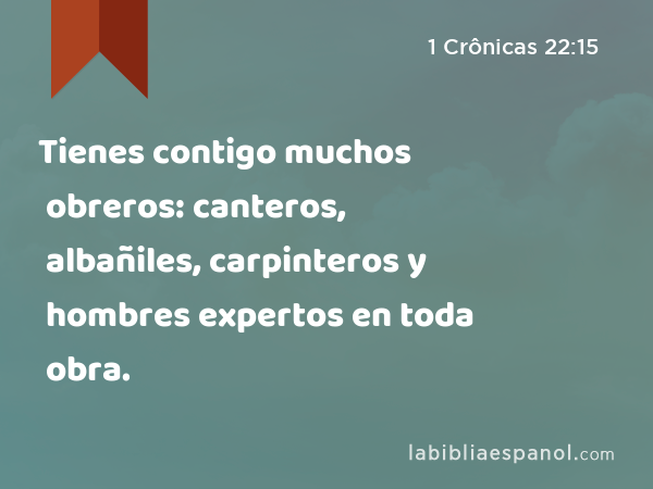 Tienes contigo muchos obreros: canteros, albañiles, carpinteros y hombres expertos en toda obra. - 1 Crônicas 22:15