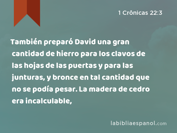 También preparó David una gran cantidad de hierro para los clavos de las hojas de las puertas y para las junturas, y bronce en tal cantidad que no se podía pesar. La madera de cedro era incalculable, - 1 Crônicas 22:3