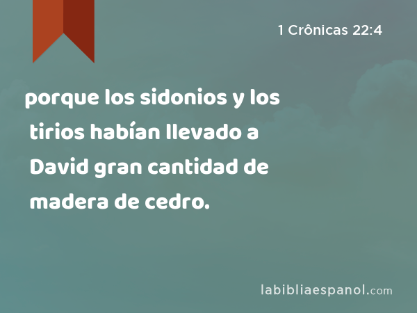 porque los sidonios y los tirios habían llevado a David gran cantidad de madera de cedro. - 1 Crônicas 22:4