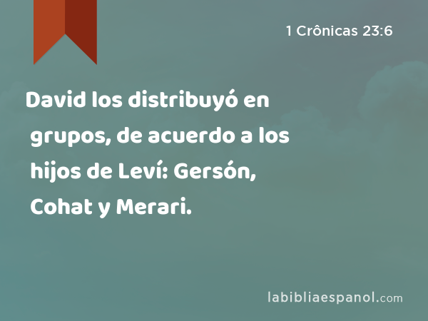 David los distribuyó en grupos, de acuerdo a los hijos de Leví: Gersón, Cohat y Merari. - 1 Crônicas 23:6