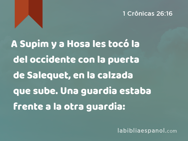 A Supim y a Hosa les tocó la del occidente con la puerta de Salequet, en la calzada que sube. Una guardia estaba frente a la otra guardia: - 1 Crônicas 26:16