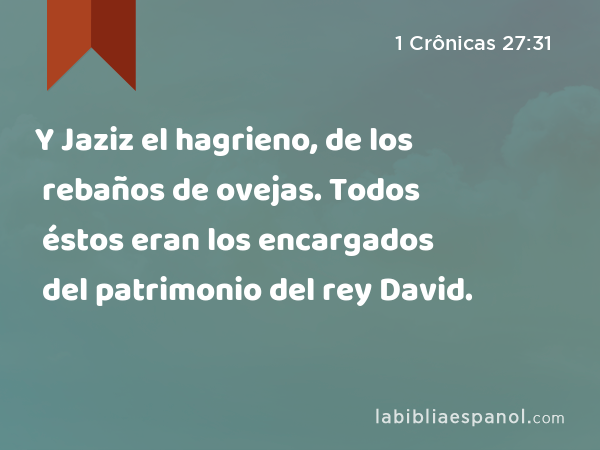 Y Jaziz el hagrieno, de los rebaños de ovejas. Todos éstos eran los encargados del patrimonio del rey David. - 1 Crônicas 27:31