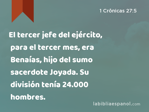 El tercer jefe del ejército, para el tercer mes, era Benaías, hijo del sumo sacerdote Joyada. Su división tenía 24.000 hombres. - 1 Crônicas 27:5