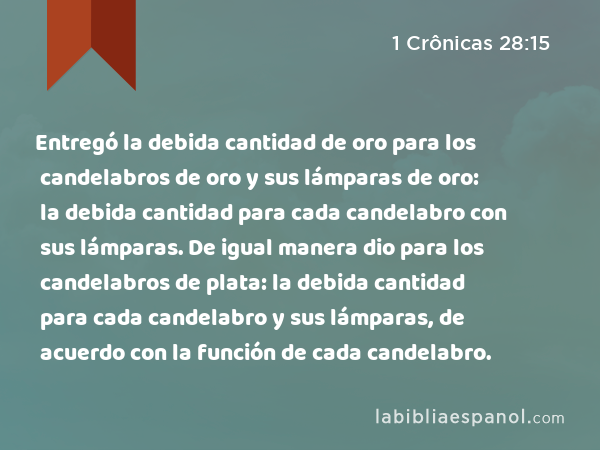 Entregó la debida cantidad de oro para los candelabros de oro y sus lámparas de oro: la debida cantidad para cada candelabro con sus lámparas. De igual manera dio para los candelabros de plata: la debida cantidad para cada candelabro y sus lámparas, de acuerdo con la función de cada candelabro. - 1 Crônicas 28:15