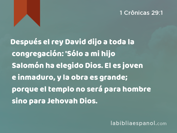 Después el rey David dijo a toda la congregación: 'Sólo a mi hijo Salomón ha elegido Dios. El es joven e inmaduro, y la obra es grande; porque el templo no será para hombre sino para Jehovah Dios. - 1 Crônicas 29:1