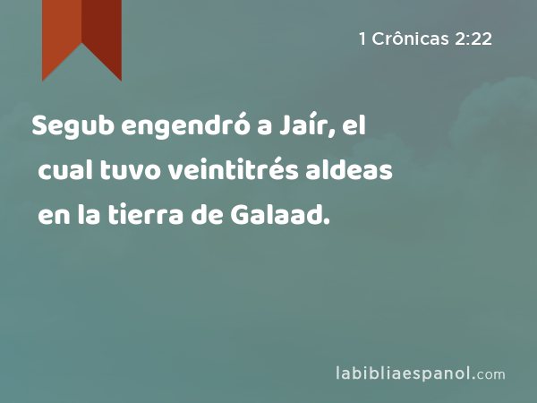 Segub engendró a Jaír, el cual tuvo veintitrés aldeas en la tierra de Galaad. - 1 Crônicas 2:22