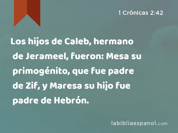 Los hijos de Caleb, hermano de Jerameel, fueron: Mesa su primogénito, que fue padre de Zif, y Maresa su hijo fue padre de Hebrón. - 1 Crônicas 2:42