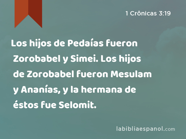 Los hijos de Pedaías fueron Zorobabel y Simei. Los hijos de Zorobabel fueron Mesulam y Ananías, y la hermana de éstos fue Selomit. - 1 Crônicas 3:19