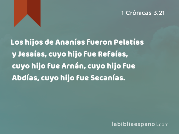 Los hijos de Ananías fueron Pelatías y Jesaías, cuyo hijo fue Refaías, cuyo hijo fue Arnán, cuyo hijo fue Abdías, cuyo hijo fue Secanías. - 1 Crônicas 3:21