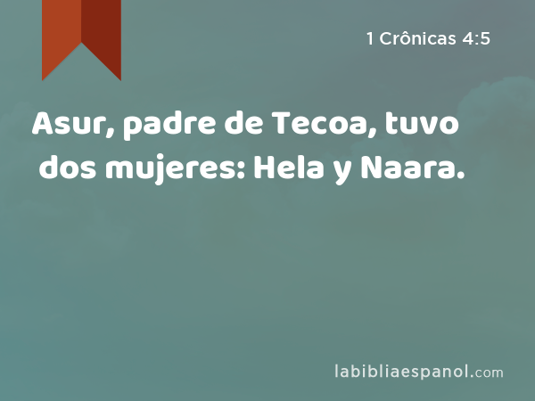 Asur, padre de Tecoa, tuvo dos mujeres: Hela y Naara. - 1 Crônicas 4:5