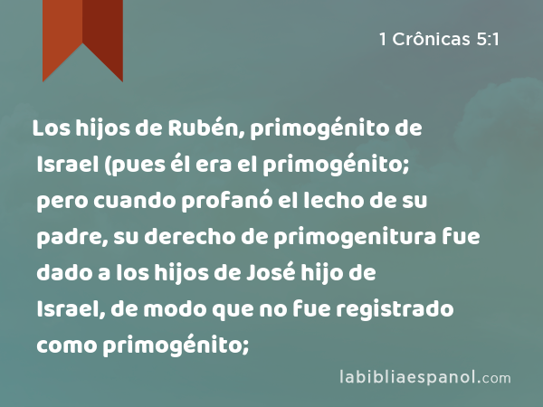 Los hijos de Rubén, primogénito de Israel (pues él era el primogénito; pero cuando profanó el lecho de su padre, su derecho de primogenitura fue dado a los hijos de José hijo de Israel, de modo que no fue registrado como primogénito; - 1 Crônicas 5:1