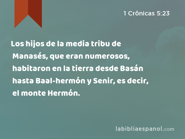 Los hijos de la media tribu de Manasés, que eran numerosos, habitaron en la tierra desde Basán hasta Baal-hermón y Senir, es decir, el monte Hermón. - 1 Crônicas 5:23