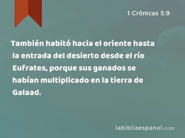 También habitó hacia el oriente hasta la entrada del desierto desde el río Eufrates, porque sus ganados se habían multiplicado en la tierra de Galaad. - 1 Crônicas 5:9