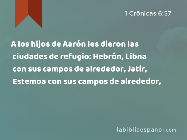 A los hijos de Aarón les dieron las ciudades de refugio: Hebrón, Libna con sus campos de alrededor, Jatir, Estemoa con sus campos de alrededor, - 1 Crônicas 6:57