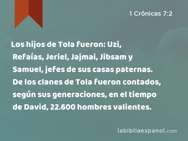 Los hijos de Tola fueron: Uzi, Refaías, Jeriel, Jajmai, Jibsam y Samuel, jefes de sus casas paternas. De los clanes de Tola fueron contados, según sus generaciones, en el tiempo de David, 22.600 hombres valientes. - 1 Crônicas 7:2