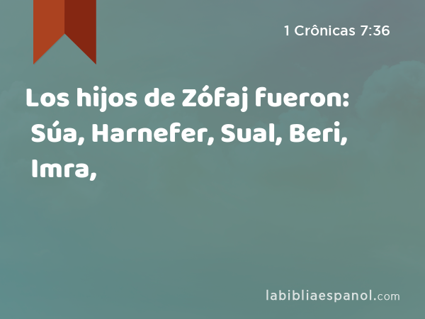 Los hijos de Zófaj fueron: Súa, Harnefer, Sual, Beri, Imra, - 1 Crônicas 7:36