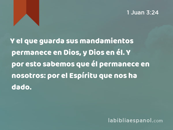 Y el que guarda sus mandamientos permanece en Dios, y Dios en él. Y por esto sabemos que él permanece en nosotros: por el Espíritu que nos ha dado. - 1 Juan 3:24