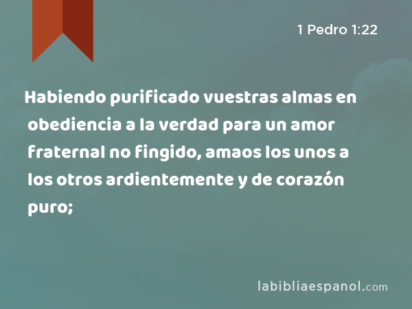 Habiendo purificado vuestras almas en obediencia a la verdad para un amor fraternal no fingido, amaos los unos a los otros ardientemente y de corazón puro; - 1 Pedro 1:22