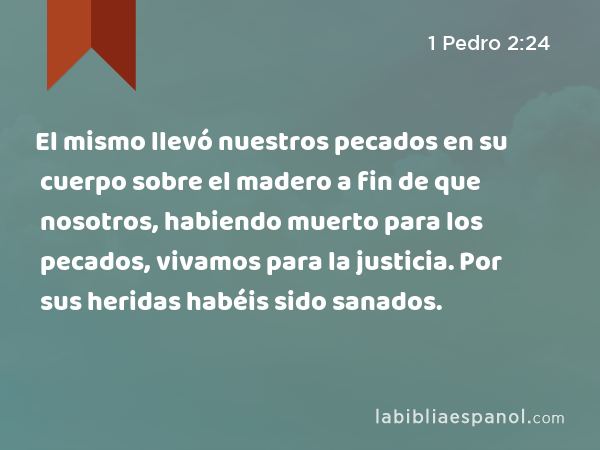 El mismo llevó nuestros pecados en su cuerpo sobre el madero a fin de que nosotros, habiendo muerto para los pecados, vivamos para la justicia. Por sus heridas habéis sido sanados. - 1 Pedro 2:24