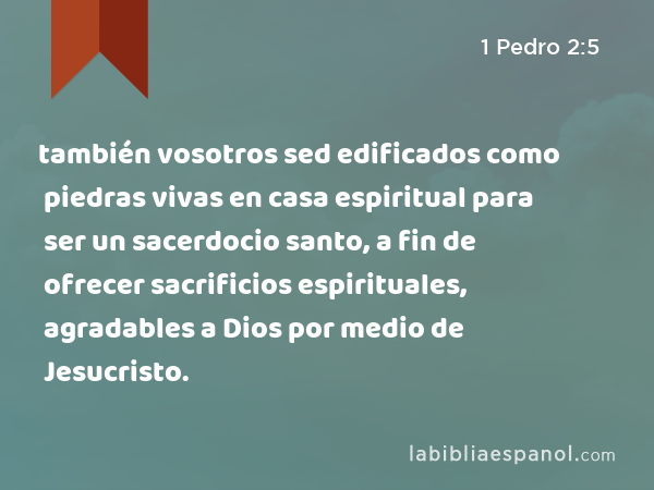 también vosotros sed edificados como piedras vivas en casa espiritual para ser un sacerdocio santo, a fin de ofrecer sacrificios espirituales, agradables a Dios por medio de Jesucristo. - 1 Pedro 2:5