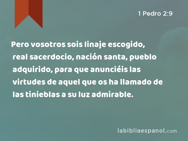 Pero vosotros sois linaje escogido, real sacerdocio, nación santa, pueblo adquirido, para que anunciéis las virtudes de aquel que os ha llamado de las tinieblas a su luz admirable. - 1 Pedro 2:9