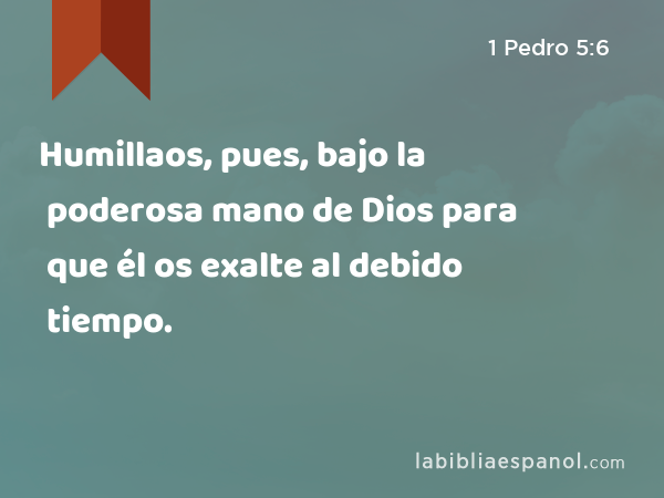 Humillaos, pues, bajo la poderosa mano de Dios para que él os exalte al debido tiempo. - 1 Pedro 5:6