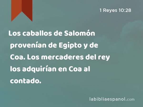 Los caballos de Salomón provenían de Egipto y de Coa. Los mercaderes del rey los adquirían en Coa al contado. - 1 Reyes 10:28