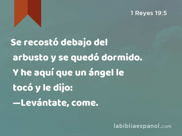 Se recostó debajo del arbusto y se quedó dormido. Y he aquí que un ángel le tocó y le dijo: —Levántate, come. - 1 Reyes 19:5