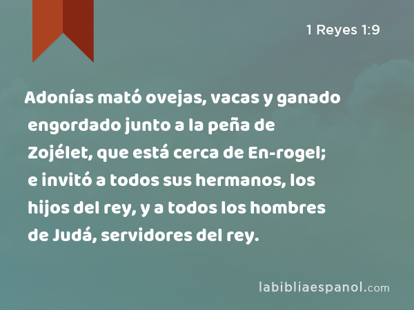 Adonías mató ovejas, vacas y ganado engordado junto a la peña de Zojélet, que está cerca de En-rogel; e invitó a todos sus hermanos, los hijos del rey, y a todos los hombres de Judá, servidores del rey. - 1 Reyes 1:9