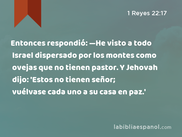 Entonces respondió: —He visto a todo Israel dispersado por los montes como ovejas que no tienen pastor. Y Jehovah dijo: 'Estos no tienen señor; vuélvase cada uno a su casa en paz.' - 1 Reyes 22:17