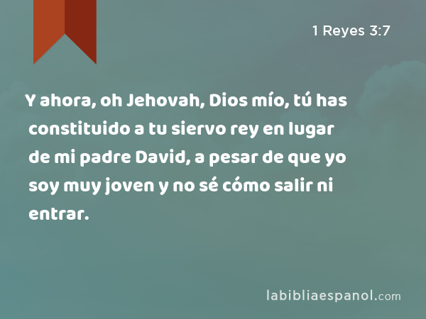 Y ahora, oh Jehovah, Dios mío, tú has constituido a tu siervo rey en lugar de mi padre David, a pesar de que yo soy muy joven y no sé cómo salir ni entrar. - 1 Reyes 3:7