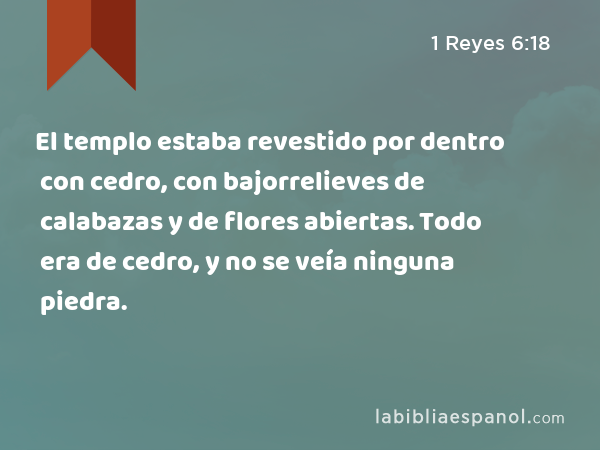 El templo estaba revestido por dentro con cedro, con bajorrelieves de calabazas y de flores abiertas. Todo era de cedro, y no se veía ninguna piedra. - 1 Reyes 6:18