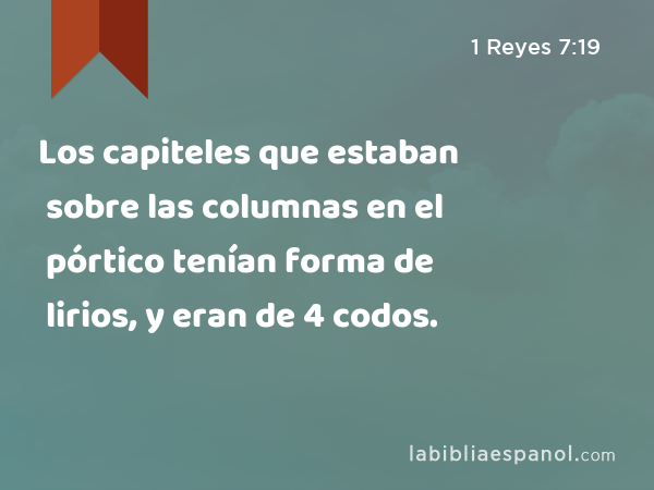 Los capiteles que estaban sobre las columnas en el pórtico tenían forma de lirios, y eran de 4 codos. - 1 Reyes 7:19