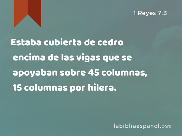 Estaba cubierta de cedro encima de las vigas que se apoyaban sobre 45 columnas, 15 columnas por hilera. - 1 Reyes 7:3