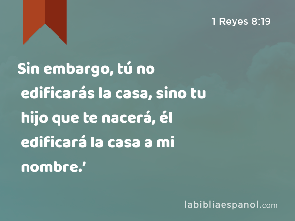 Sin embargo, tú no edificarás la casa, sino tu hijo que te nacerá, él edificará la casa a mi nombre.’ - 1 Reyes 8:19