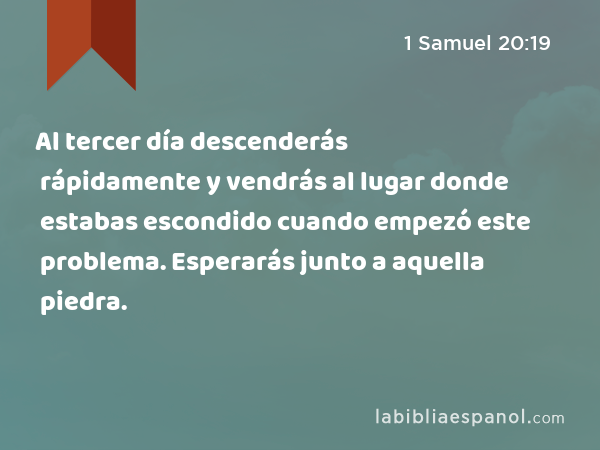 Al tercer día descenderás rápidamente y vendrás al lugar donde estabas escondido cuando empezó este problema. Esperarás junto a aquella piedra. - 1 Samuel 20:19