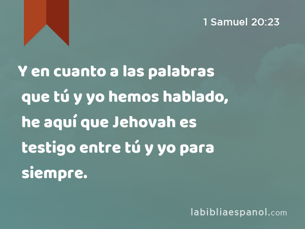 Y en cuanto a las palabras que tú y yo hemos hablado, he aquí que Jehovah es testigo entre tú y yo para siempre. - 1 Samuel 20:23