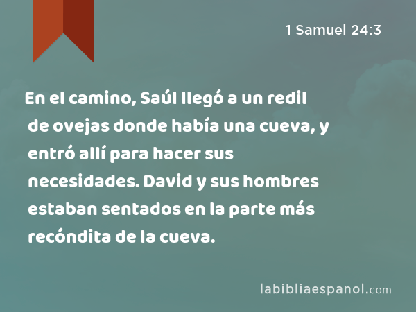 En el camino, Saúl llegó a un redil de ovejas donde había una cueva, y entró allí para hacer sus necesidades. David y sus hombres estaban sentados en la parte más recóndita de la cueva. - 1 Samuel 24:3