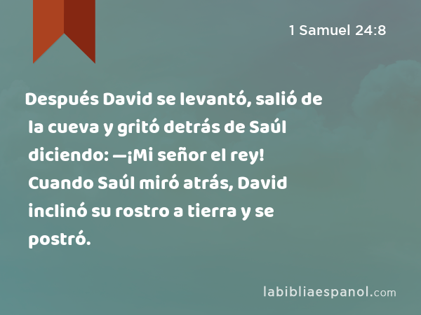 Después David se levantó, salió de la cueva y gritó detrás de Saúl diciendo: —¡Mi señor el rey! Cuando Saúl miró atrás, David inclinó su rostro a tierra y se postró. - 1 Samuel 24:8