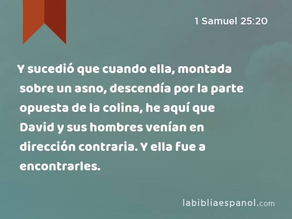 Y sucedió que cuando ella, montada sobre un asno, descendía por la parte opuesta de la colina, he aquí que David y sus hombres venían en dirección contraria. Y ella fue a encontrarles. - 1 Samuel 25:20