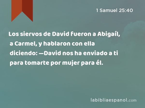 Los siervos de David fueron a Abigaíl, a Carmel, y hablaron con ella diciendo: —David nos ha enviado a ti para tomarte por mujer para él. - 1 Samuel 25:40