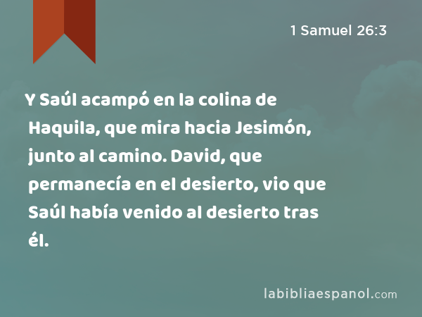 Y Saúl acampó en la colina de Haquila, que mira hacia Jesimón, junto al camino. David, que permanecía en el desierto, vio que Saúl había venido al desierto tras él. - 1 Samuel 26:3